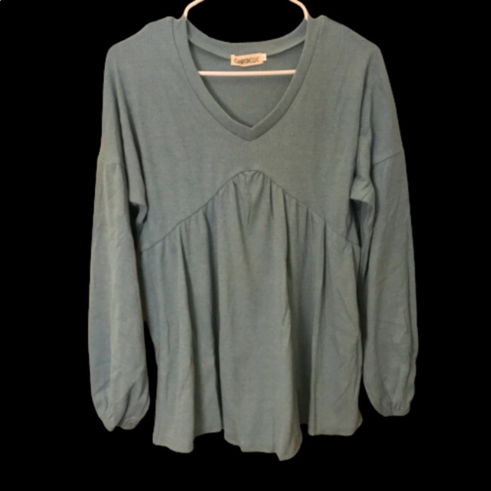 CLARISBELLE Casual V-neck Long Sleeve Flowy Turquoise Blouse